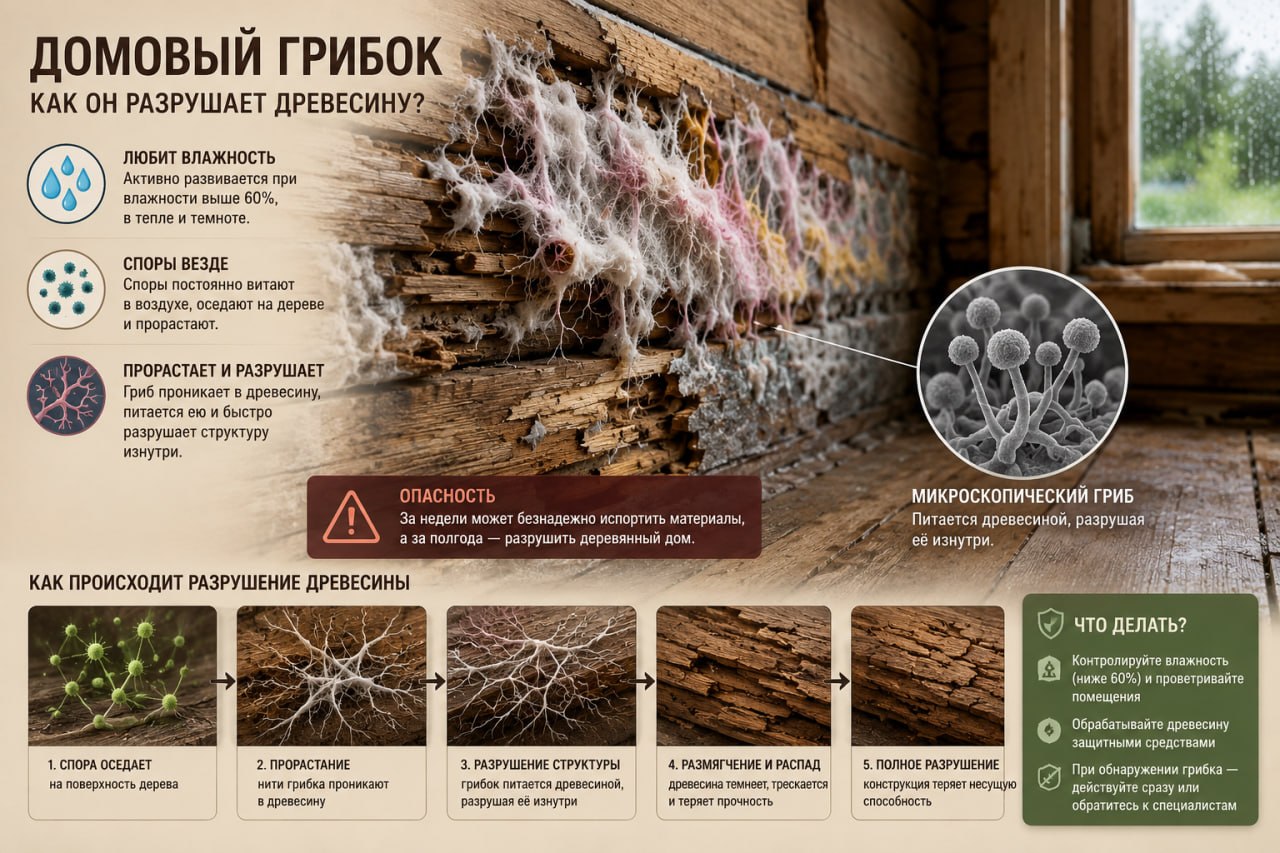 Что такое домовый грибок и как он разрушает древесину